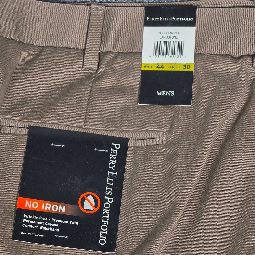 Perry Ellis Portfolio Men 44x30 Sandstone Tan No Iron Flat Front Cotton Pant NWT